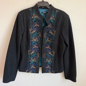 Karen Kane Black 100% Lambswool Blue Floral Embroidered Blazer Jacket Womens 12
